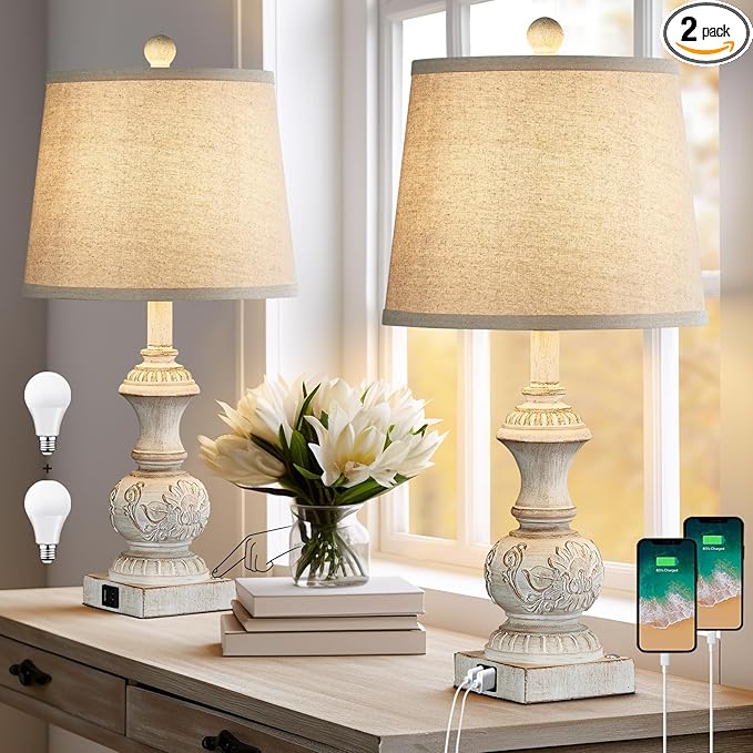 Farmhouse 3 Way Dimmable Touch Table Lamps for Living Room Set of 2 Traditional Rustic Bedside Lamps for Bedroom Nightstand 23.5" Vintage Carved Floral Night Light Lamps with USB Ports Bulb Included