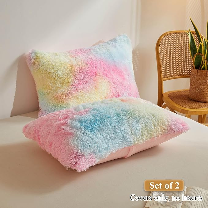 XeGe Rainbow Faux Fur Fluffy Throw Pillow Cases, Plush Shaggy Soft Furry Pillowcases, Tie Dye Velvet Fuzzy Decorative Pillow Covers for Bed Couch Teen Girl Zipper Closure, Set of 2(King, Rainbow)