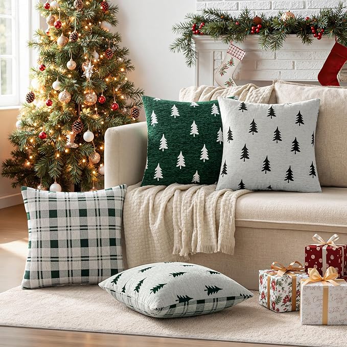 MIULEE Christmas Decorative Chenille Throw Pillow Covers, 18x18 Inch, White Black Tree, Set of 2 Cute Trees with Plaid Patterns Pillows for Sofa Couch Bedroom Chair Xmas Home Decor