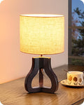 EDISHINE 14.6" Small Table Lamp, Walnut Wood Tripod Nightstand Lamp for Bedroom, Beige Linen Shade, Cute Bedside Lamp for Living Room, Bedroom, On-Off Line Switch, E26 Base(Bulb Not Included)