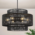 24” Black Boho Large Rattan Chandelier Light Fixture,6-Light Large Hand Woven Pendant Light Fixture Farmhouse Rustic Chandeliers for Kitchen Bedroom, Dining Room, Living Room, Hallway, Foyer