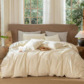 MooMee Wavy Striped Duvet Cover Set 100% Washed Cotton Linen Like Textured Breathable Durable Soft Comfy (Cream White, Queen 90"x90")