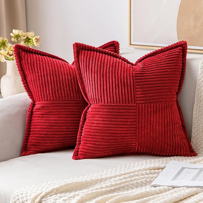 MIULEE Christmas Decorative Throw Pillow Covers for Couch Bed Livingroom 16x16 Inch Set of 2 Red Boho Accent Throw Pllows Broadside Striped Patchwork Soft Corduroy Pillowcases