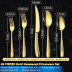 Lemeya 40-Piece Hammered Gold Silverware Set for 8 with Serrated Forging Knives,18/10 Stainless Steel Modern Flatware Set,Unique Cutlery Set Spoons and Forks Set,Mirror Polished,Dishwasher Safe