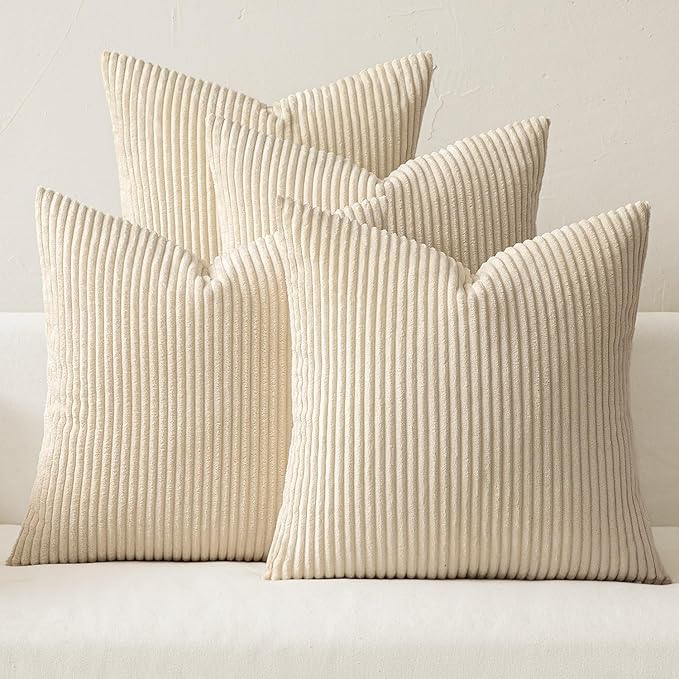MIULEE Boho Farmhouse Throw Pillow Covers 18x18 Inch Set of 4 Mordern Nordic Cushion Covers Soft Corduroy Home Decor for Couch Bed Sofa Living Room Beige