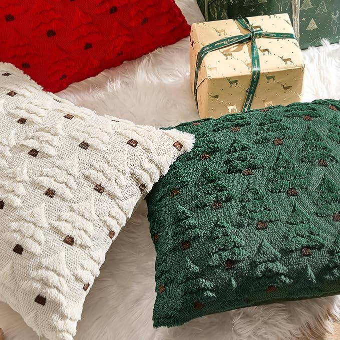 MIULEE Christmas Tree Decorative Pillow Covers Faux Fur Wool Throw Pillows Soft Plush Cushion Covers Set of 2 Xmas Home Decor Winter Holiday for Sofa Couch Livingroom Bed 20x20 Inch Dark Green