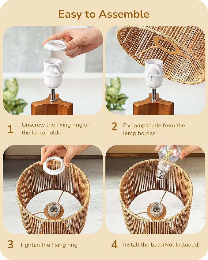 EDISHINE Small Table Lamp, Wood Rattan Nightstand Lamp with ON-Off Switch,E26 Base, Bedside Lamp for Living Room, Bedroom, Bohemian