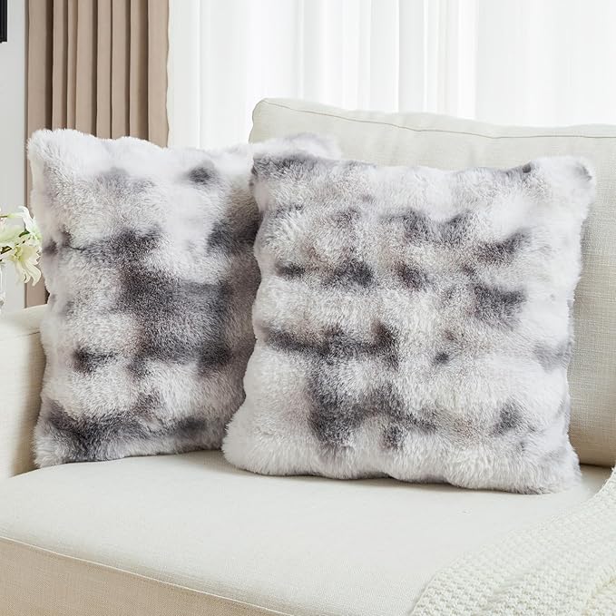 FUTEI Grey White Decorative Throw Pillow Covers 24x24 Inch Set of 2,Soft Fuzzy Faux Rabbit Fur European Cushion Covers with Raised Texture,Neutral Boho Home Decor for Couch Bed Living Room