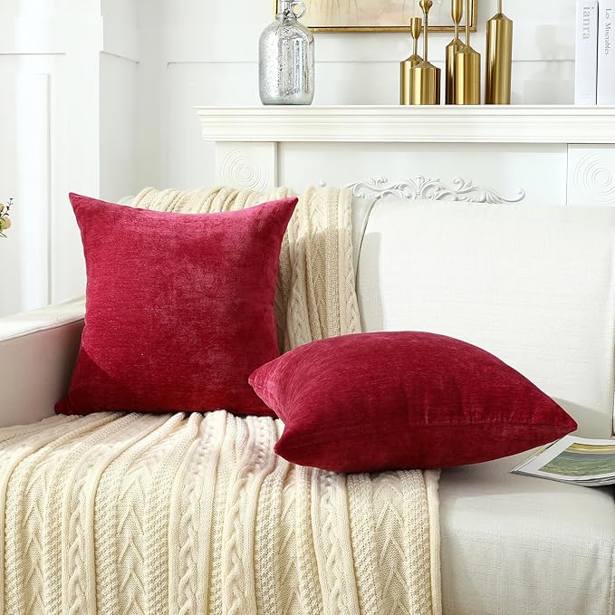 Jeneoo Bright Red Decorative Throw Pillow Covers Soft Chenille Comfy Solid Couch Cushion Cover Decor (Set of 1, 24 x 24 Inches)
