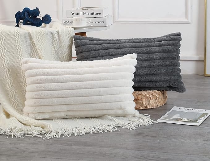 PANOD Faux Fur Decorative Lumbar Throw Pillow Covers 12 x 26,Long Boho Lumbar Pillow Covers Pillow Case Cushion Case for Couch Bed Sofa Farmhouse Livingroom,White