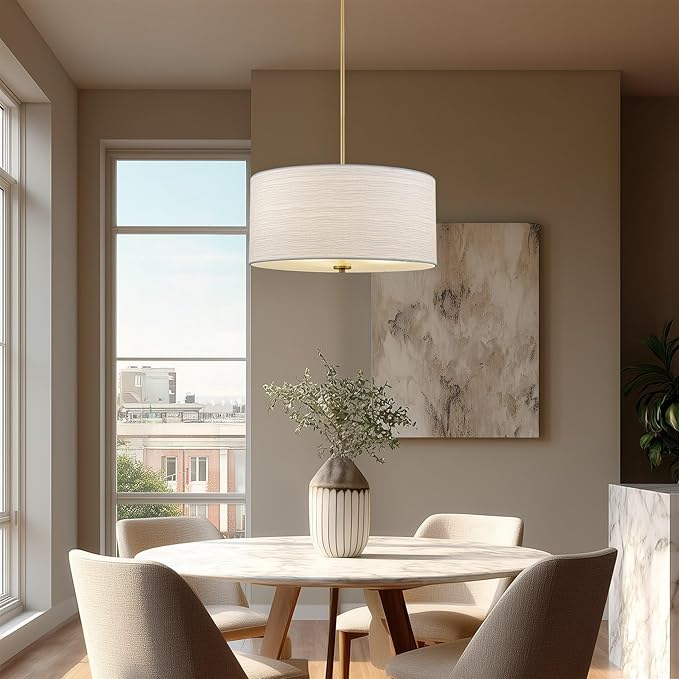 Kira Home Pearl 18" Modern 3-Light Large Drum Pendant Chandelier, White Textured Shade + Glass Diffuser, Adjustable Height, LED Compatible, Cool Brass Finish