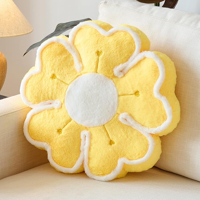 Flower Shaped Decorative Throw Pillow Cushion for Bed Couch, Cute Flower Plush Throw Pillows Home Decor Floor Pillow Seating Cushions (Yellow, 17.7 Inches)