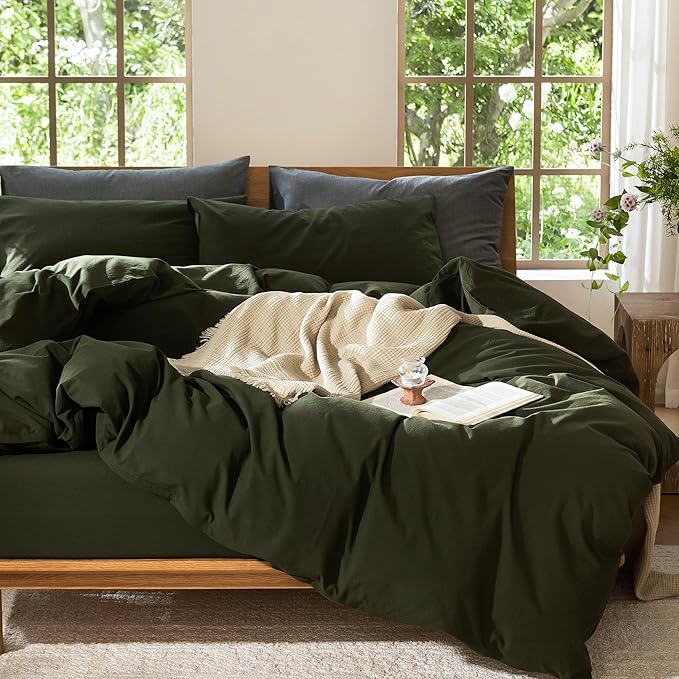 MooMee Bedding Duvet Cover Set 100% Washed Cotton Linen Like Textured Breathable Durable Soft Comfy (Solid Olive Green, Palatial King/Oversized King 120"x98")