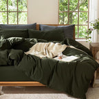 MooMee Bedding Duvet Cover Set 100% Washed Cotton Linen Like Textured Breathable Durable Soft Comfy (Solid Olive Green, Cal King 104"x98")