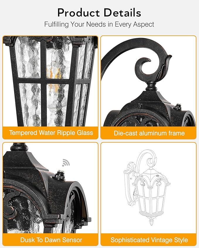 VIANIS Exterior Lighting Fixtures, Large Size Oil Rubbed Bronze Outdoor Wall Lights Dusk to Dawn, Waterproof Outdoor Light Fixtures Wall Mount with Tempered Water Ripple Glass for Patio, Entryway