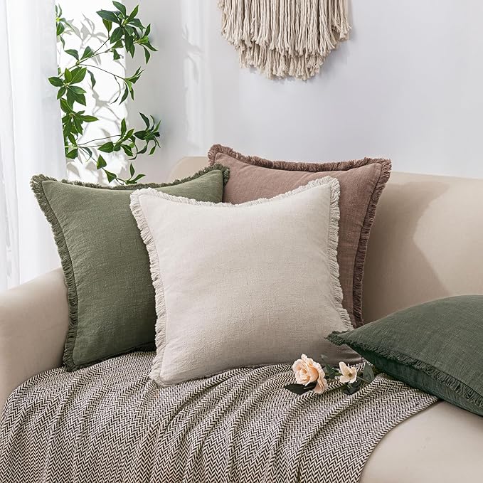 Woaboy Decorative Linen Fringe Throw Pillow Covers Boho Farmhouse Soft Accent Pillows with Tassels Christmas Home Decor for Livingroom Couch Sofa Bed,22x22 Inch Set of 2,Light Olive Green
