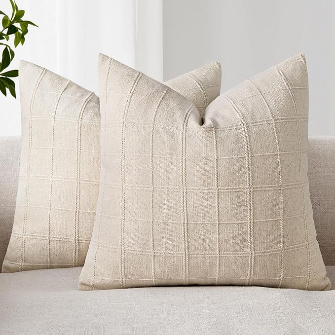 Woaboy Linen Check Throw Pillow Covers Set of 2 - Natural Beige Farmhouse Modern Boho Vintage Decorative Cushion Covers for Sofa Couch Bedroom Living Room Decor 20x20 Inch