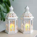 TRIROCKS Set of 2 Vintage Decorative Lanterns 9.5" H Hanging Lantern Metal Candleholder with Tempered Glass for Indoor Outdoor Home Decor Parties Garden Events Wedding(White with Grey Brush)