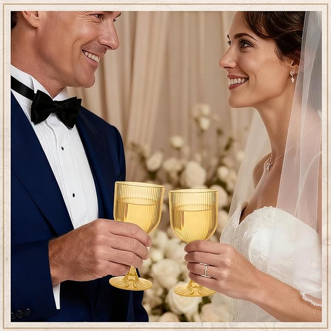 Plastic Wine Glasses 9oz Set of 24, Gold Ribbed Vintage Goblets Unbreakable Reusable BPA-Free Stemmed Drinking Glasses for Parties, Weddings & Events