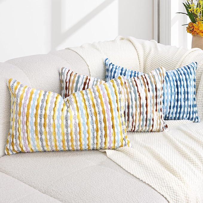 Boho Decorative Throw Pillow Covers 12x20 Inch, Chenille Tufted Pillow Cover Striped Textured Lumbar Farmhouse Accent Pillowcase for Couch Sofa Bedroom Living Room, Blue White Stripe, 2 Pack