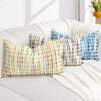 Boho Decorative Throw Pillow Covers 12x20 Inch, Chenille Tufted Pillow Cover Striped Textured Lumbar Farmhouse Accent Pillowcase for Couch Sofa Bedroom Living Room, Blue White Stripe, 1 Pack