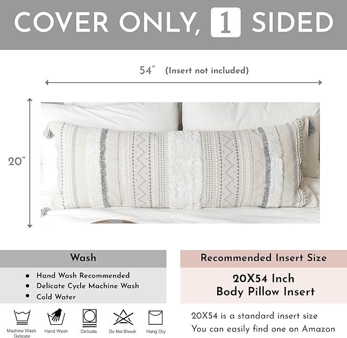 BlissBlush Large Body Pillow Cover for Bed 20x54 Gray Boho Accent Oversized Long Pillowcase for Bedroom Neutral White Decorative Cushion Farmhouse Home Décor (Cover ONLY, Pack of 1)