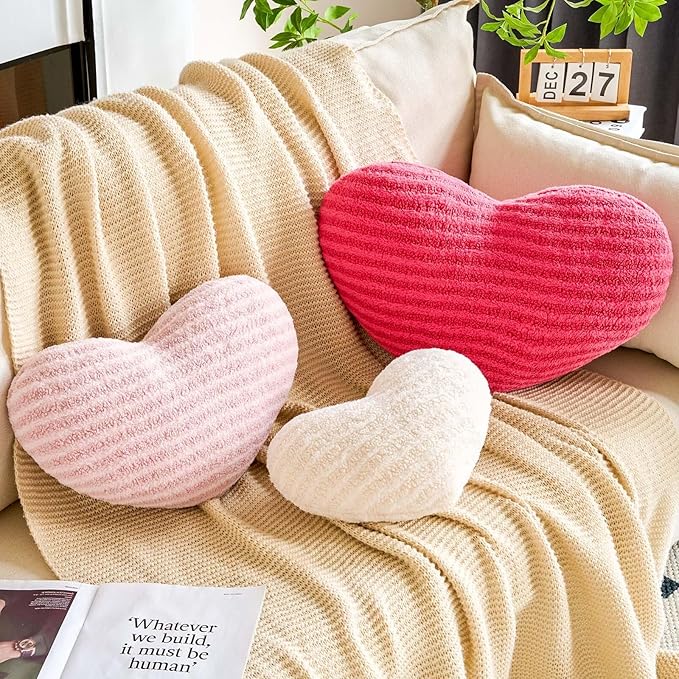 Dusty Pink Heart Pillows, 19.6" Cute Heart Decorative Pillow, Stripe Heart Shaped Plush Throw Pillows for Bed