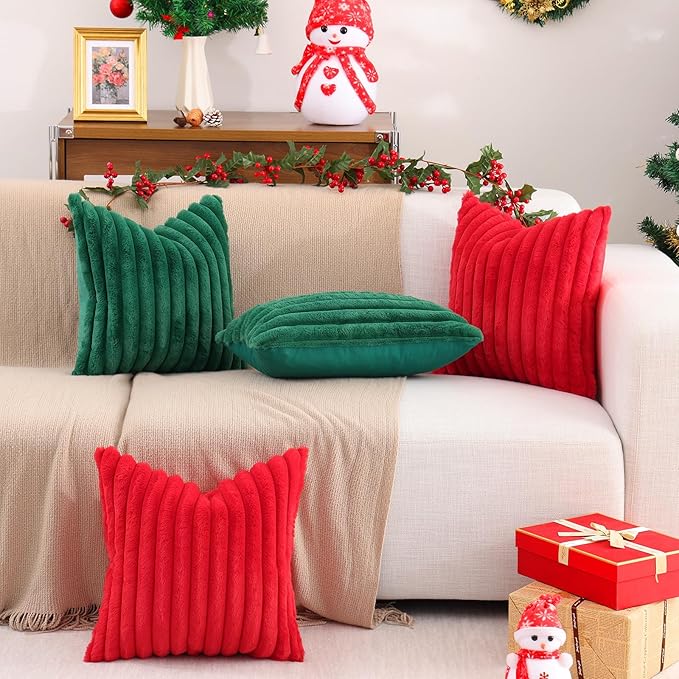 Pallene Faux Fur Plush Christmas Throw Pillow Covers 20x20 Set of 2, Luxury Soft Fluffy Striped Decorative Pillow Covers for Sofa, Couch, Living Room, Christmas Green