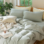 MooMee Bedding Duvet Cover Set 100% Washed Cotton Linen Like Textured Breathable Durable Soft Comfy (Heathered Sage Green, Alaska King 132"x120")