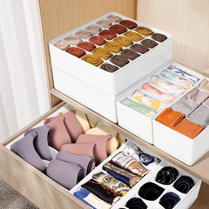 Drawer Organizer Clothes, 8 Pack Dresser Organizer Bins for Baby Clothes, Underwear Sock, Fabric Closet Organization and Storage Dividers for Nursery Bedroom (96 Compartments, White)
