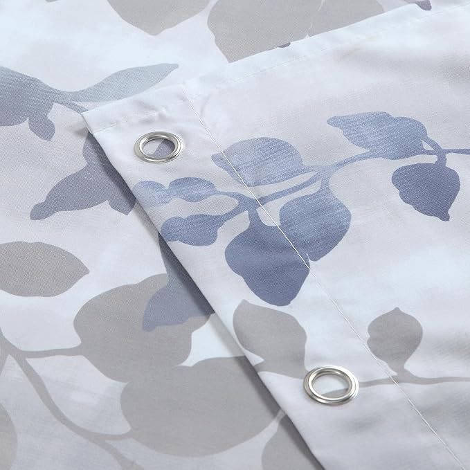 Fabric Shower Curtain, Gray and Blue Botanical Branch Leaf Print, Waterproof Bathroom Curtain, 72" W x 72" H