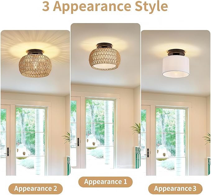 MAYNA 1-Light Boho Flush Mount Ceiling Light, Rattan Chandelier Light Fixture with LED Bulb, Hand-Woven Farmhouse Ceiling Light, Mini Wicker Light Fixture for Bedroom Hallway Entryway