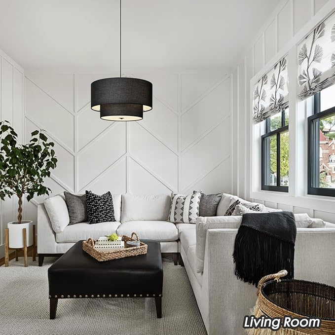 18" Drum Black Pendant Light, Large Modern Hanging Ceiling Chandelier Fixture with Dual Layer Linen Shade, Ideal for Dining Room, Living Room, Bedroom, and Kitchen