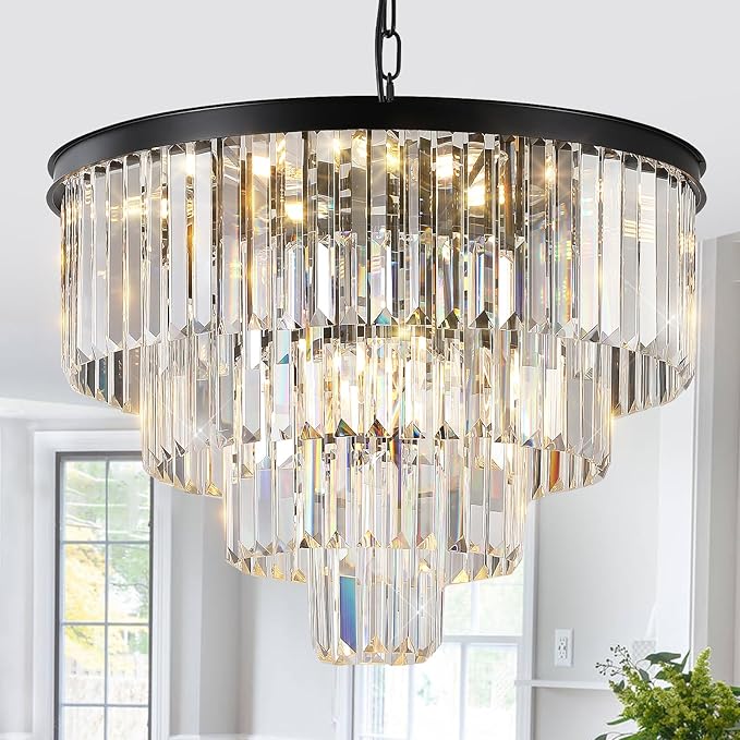 Modern Black Crystal Chandeliers,24” Ceiling Round Chandelier,Luxury Flush Mount Pendant Light Fixture with Chain Farmhouse 4 Tiers K9 Chandelier for Dining Room Bedroom Foyer