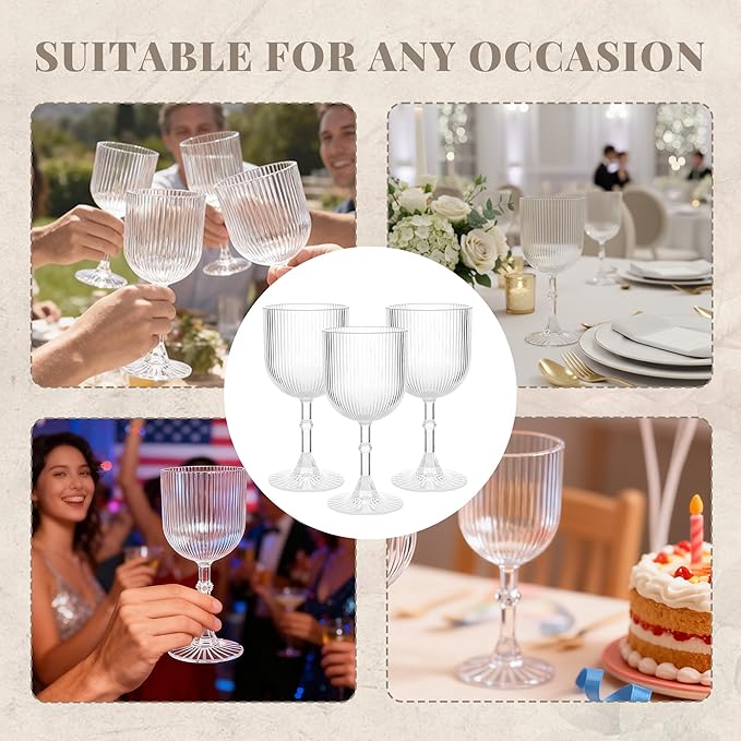 Plastic Wine Glasses 9oz Set of 12, Crystal Clear Ribbed Vintage Goblets Unbreakable Reusable BPA-Free Stemmed Drinking Glasses for Parties, Weddings & Events