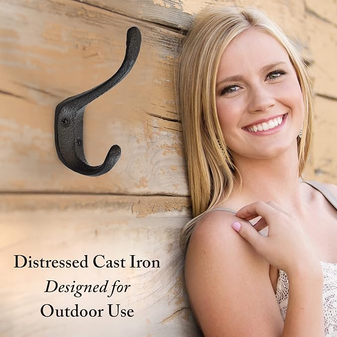 Rustic Cast Iron Coat Hooks (5 Pack) - Wall Mounted Farmhouse Decorative Vintage Hooks for Hanging Coats, Bags, Hats, Towels (Black, Large Spoon)