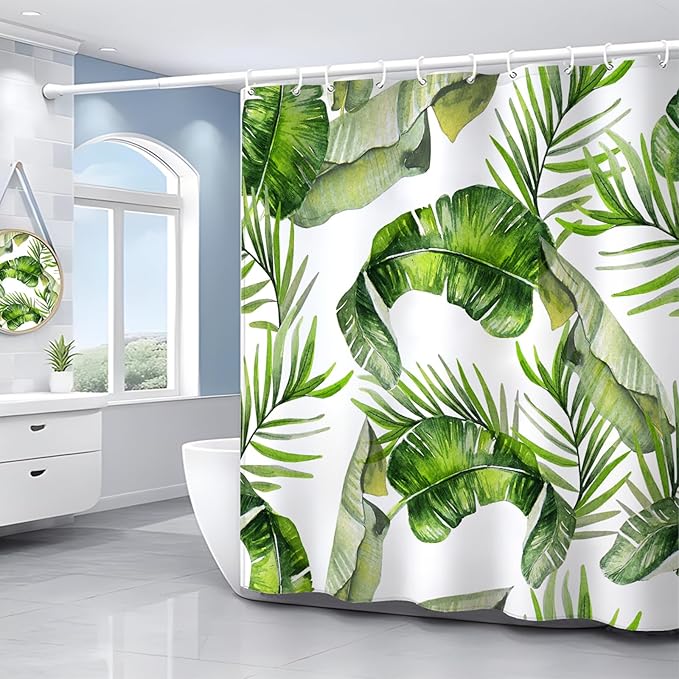 Tropical Leaves Shower Curtain Green Palm Banana Leaf Plant Botanical Shower Curtains for Bathroom Waterproof Polyester Fabric Bathroom Curtain 72 x 72 Inch with 12 Hooks