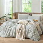 MooMee Striped Duvet Cover Set 100% Washed Cotton Linen Like Textured Breathable Durable Soft Comfy (Heathered Green Classic Stripes, Full 80"x90")