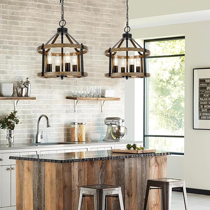 4-Light Farmhouse Chandelier, 12.5 Inch Rustic Black and Vintage Wood Finish Chandeliers for Dining Room Light Fixture, Adjustable Height Hanging Light for Kitchen Island, Entryway, Indoor