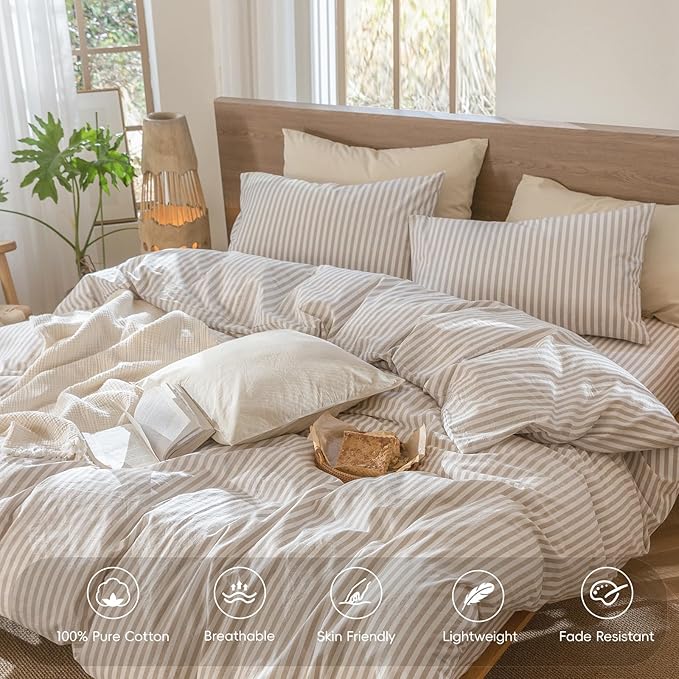 MooMee Striped Duvet Cover Set 100% Washed Cotton Linen Like Textured Breathable Durable Soft Comfy (Tannish Linen Grey White Classic Stripes, Queen 90"x90")