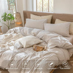 MooMee Striped Duvet Cover Set 100% Washed Cotton Linen Like Textured Breathable Durable Soft Comfy (Tannish Linen Grey White Classic Stripes, Alaska King 132"x120")
