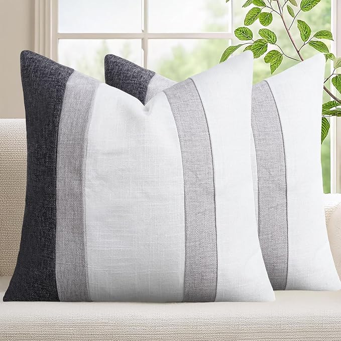 Adabana Modern Pillow Covers 18x18 Set of 2 Farmhouse Decor Patchwork Linen Cushion Covers for Living Room Couch Bed Grey and White