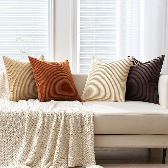 MIULEE Boho Farmhouse Throw Pillow Covers 18x18 Inch Set of 4 Rustic Mordern Neutral Cushion Covers Soft Corduroy Nordic Home Decor for Couch Bed Sofa Living Room Brown-Beige