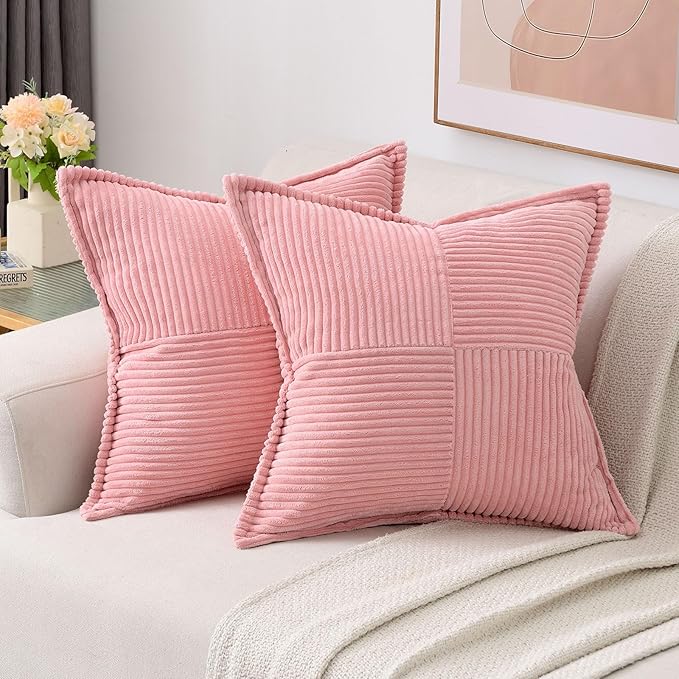 HAUSSY Pink Throw Pillow Covers 18x18 Inch Set of 2,Soft Solid Corduroy Striped/Wide Bordered,Valentine Decor Pillows,Spring Home Decorations for Couch,Bed