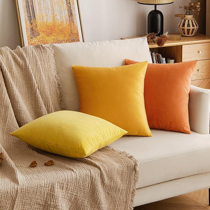 EMEMA Fall Orange Velvet Throw Pillow Covers 18x18 Inch Set of 2 Decorative Square Pillowcase Soft Solid Cushion Case for Couch Sofa Bed Bedroom Livingroom