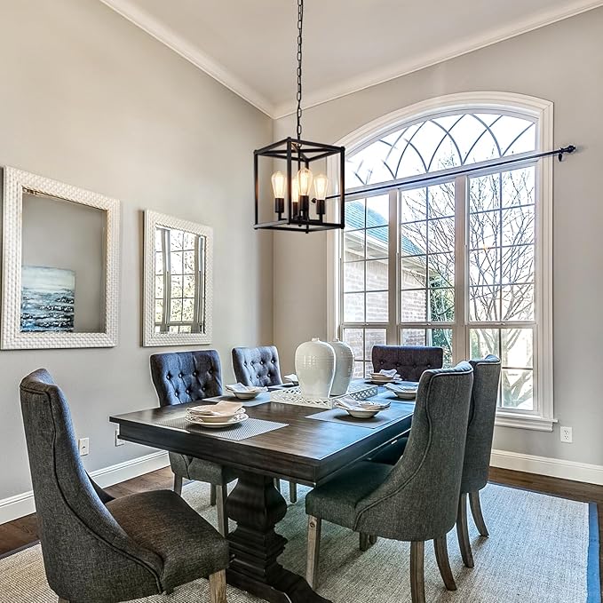 Black Chandelier Dining Room Light Fixtures,4-Light Farmhouse Chandelier Metal Cage Hanging Pendant Lighting Adjustable Height,Industrial Hanging Lights for Kitchen Island Dining Room Hallway Foyer