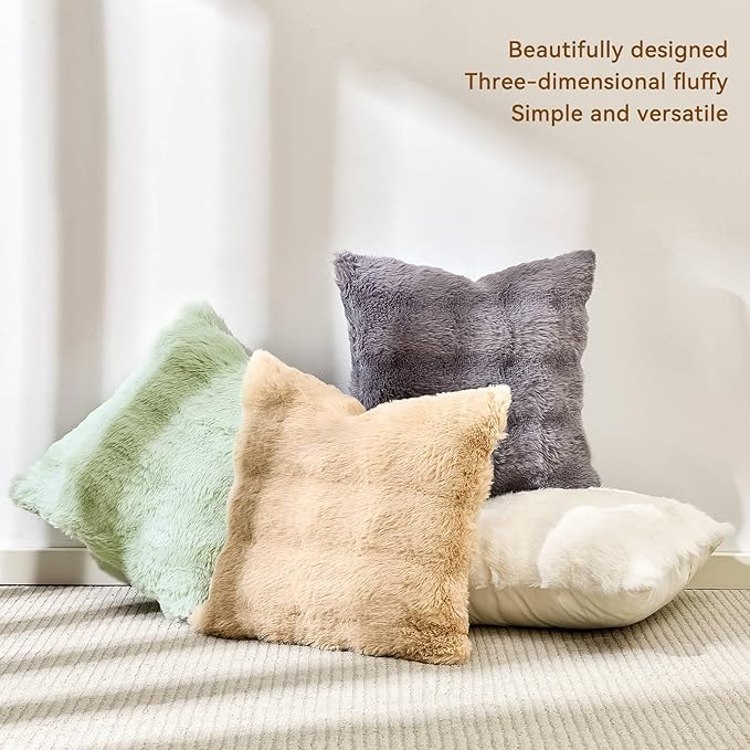AmHoo Pack of 2 Throw Pillow Covers 3D Dense Faux Rabbit Fur Cozy Super Soft Fuzzy Set Case Cushion for Couch Sofa Bedroom 22 x 22-Inch Cream White