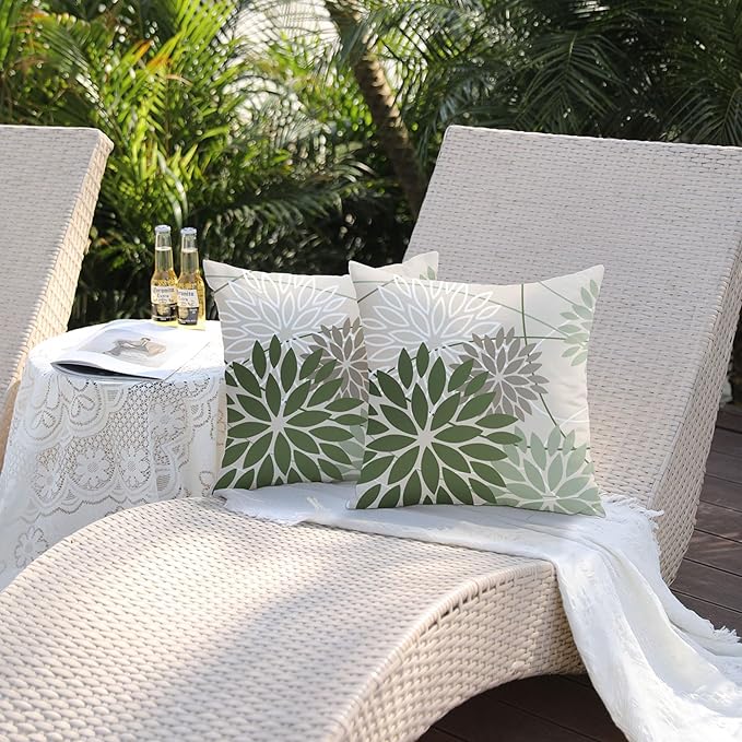 Dark Light Green and Grey Floral Pillow Covers 18x18 Set of 2 Outdoor Pillows Covers Waterproof Spring Summer Pillowcovers Polyester Cushion Case Decor for Couch Patio Funiture Garden Porch 01V18