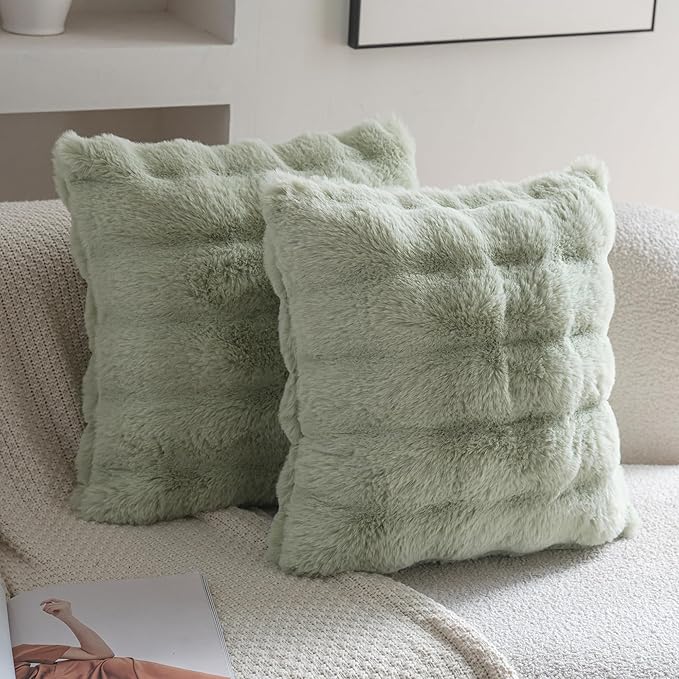 Neelvin Green Faux Fur Cozy Soft Double-Sided Decorative Throw Pillow Covers 16x16 inch Set of 2,Velvet Pillowcase Cushion Case for Sofa Couch