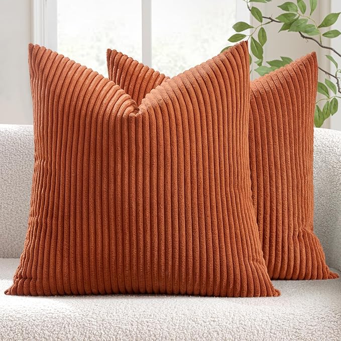 MIULEE Pack of 2 Rust Pillow Covers 24x24 Inch Soft Boho Striped Corduroy Throw Pillow Covers Set Decorative Square Cushion Cases Pillowcases for Sofa Bedroom Couch